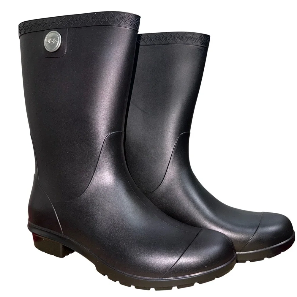 UGG Sienna Matte Rain Boots Black Waterproof Rubber Lamb Lining 1100510 NWB